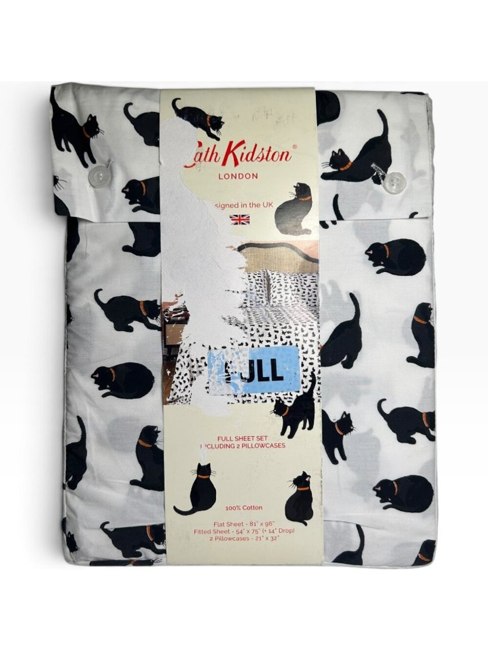 Cath Kidston Black Cats Full Sheet Set 100% Cotton Percale 4 Pc Bedding New
